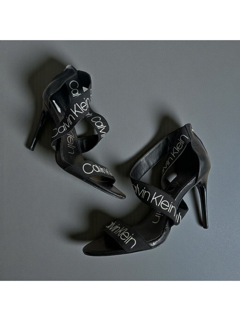 CALVIN KLEIN Salas Black White Logo Sandals Heels Size 8